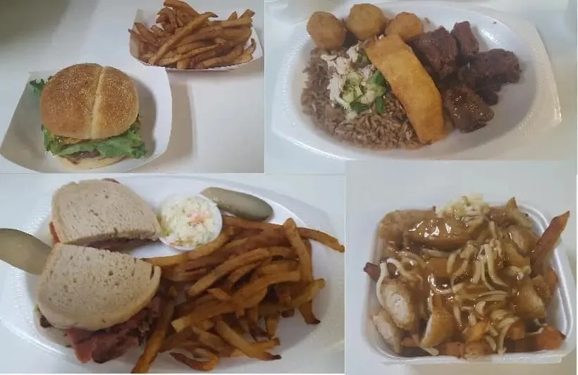 Assiettes du dîner : burger, frites, sandwich et plats du jour