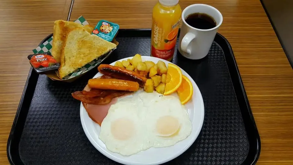 Déjeuner œufs, bacon, saucisses et rôties